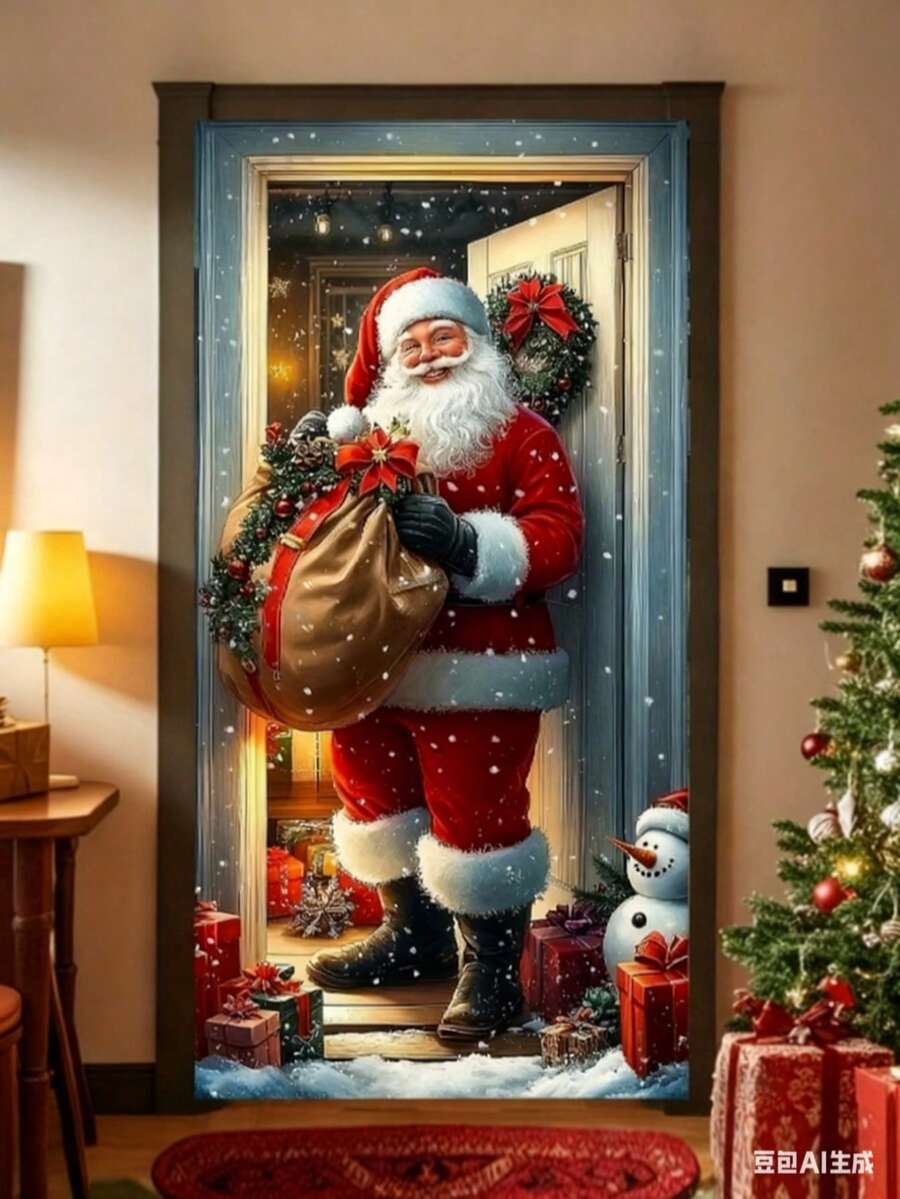 1pc Retro-Themed Polyester Santa Claus And Snowman Curtain, 3D Party Holiday Sign, Merry Christmas Decoration, Suitable For Home, Garden, Indoor/Outdoor Use, Power Supply Included, Multi-Purpose, Suitable For Weddings, Bridal Showers, Anniversaries, Carnival-Themed Events. - Multicolor - View 1