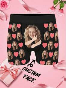 Customized Face Print Men's Briefs, Personalized Underwear, Can Customize Photo/Image, Ideal Gift For Boyfriend/Husband, Personalized Gift, Anniversary, Holiday, Suitable For Winter ,For Family - Black - View 1