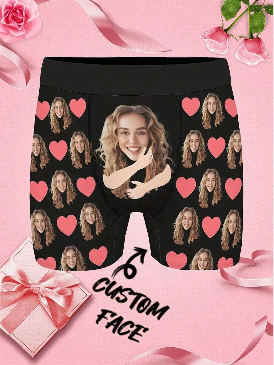 Customized Face Print Men's Briefs, Personalized Underwear, Can Customize Photo/Image, Ideal Gift For Boyfriend/Husband, Personalized Gift, Anniversary, Holiday, Suitable For Winter ,For Family - Black - View 1