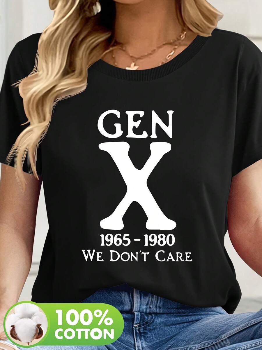 Women's Short Sleeve T-Shirt - Bold GEN X Graphic Print With Vintage 1965-1980s Slogan And "We Don't Care" Slogan, Casual Crew Neck Summer Essential, Machine Washable, Cute Short Sleeve Tops, Easy Care Clothing, Straight Sleeve T-Shirt, Breathable Fabric, Durable Print T-Shirt - 黑色 - 查看 1