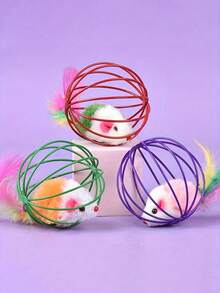 Cat Toys, Cage Mouse Teaser Ball With Artificial Feather Tail, Mini Balls, Self-Entertainment Cat Toys