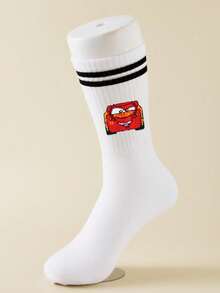 Disney 5双装汽车卡通图案男士中筒袜，黑白条纹，可爱图案，防臭吸湿，休闲船袜，适合学生/成人作为礼物和日常穿着 - 彩色 - 查看 6