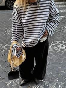Womens Loose Tunic Tops Long Sleeve Round Neck Stripes Print T-Shirts Spring Fall Blouses - Negro - Ver 9