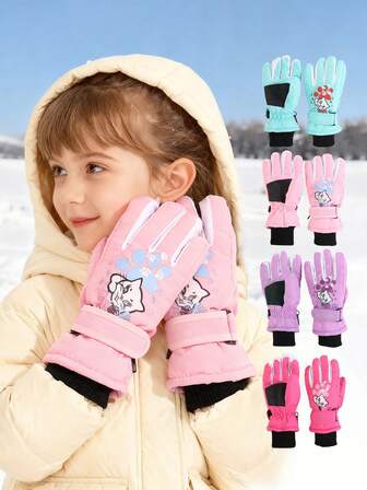 1 par barns termiskt fodrade varma skidhandskar med katttassavtryck, lämpliga för vinteråkning, cykling och andra utomhusaktiviteter