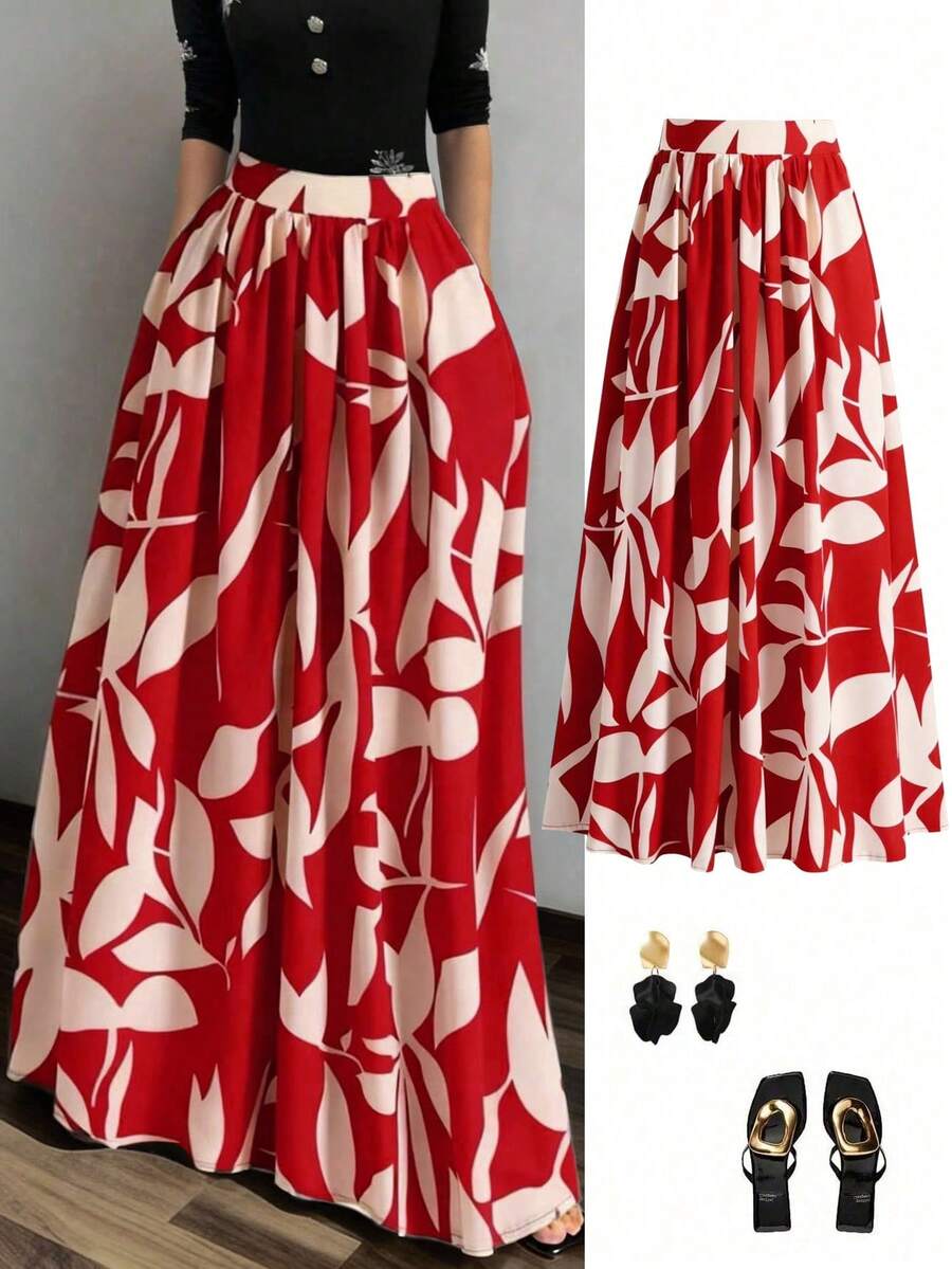 Chân váy chữ A cạp cao in hoa EARO dành cho nữ, thích hợp cho kỳ nghỉ hè, du lịch và mùa xuân. - Đỏ - Xem 1