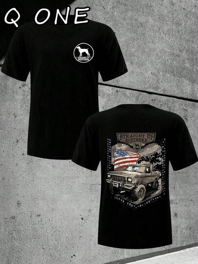 American Flag Truck Straight Up (180 Cotton T-Shirt) Men's Round Neck And Short Sleeves, Casual Cotton, Casual Fashion, Suitable For Indoor And Outdoor Wear And Holiday Gifts