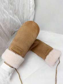 2pcs Women's Suede Fleece Gloves, Warm Windproof Touchscreen Gloves Driving & Cycling In Autumn/Winter - Màu Khaki - Xem 4