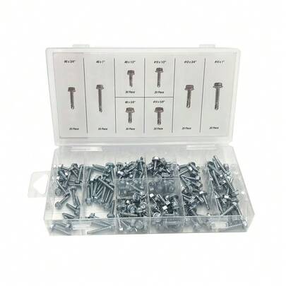 Zinc Plated Steel Self Drilling Screw Set With Clear Case, 180 Piece