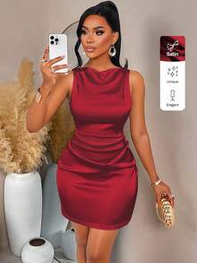 AIJ Amarilo Women's Off-Shoulder Ruffle Waist A-Line Solid Satin Mini Dress, Suitable For Date Night, Gathering And Christmas Party - Burgundy - View 3