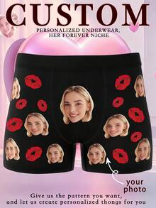 1pc Men's Custom Photo & Red Lips Print Black Elastic Comfortable Romantic Personalized Boxer Briefs, Suitable For Valentine's Day/Gift Occasions - Multicolor - View 1