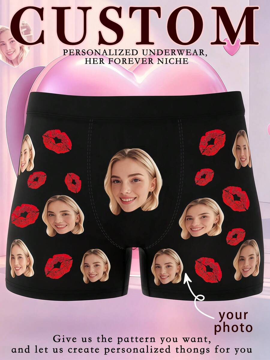 1pc Men's Custom Photo & Red Lips Print Black Elastic Comfortable Romantic Personalized Boxer Briefs, Suitable For Valentine's Day/Gift Occasions - Multicolor - View 1