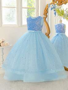 少女无袖圆领亮片网纱长款优雅正式连衣裙，适合婚礼、生日、派对等场合 - 淺藍色 - 查看 4