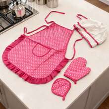 1 Set Polka Dot Pink Pattern Polyester Cooking Apron Set, Children's Baking Kitchen Play, Boys & Girls Stage Costume, Kindergarten Culinary Experience, New Year Party Birthday Gift - Multicolor - View 1