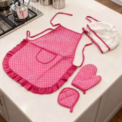 1 Set Polka Dot Pink Pattern Polyester Cooking Apron Set, Children's Baking Kitchen Play, Boys & Girls Stage Costume, Kindergarten Culinary Experience, New Year Party Birthday Gift