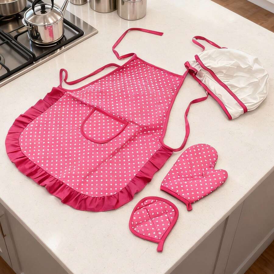 1 Set Polka Dot Pink Pattern Polyester Cooking Apron Set, Children's Baking Kitchen Play, Boys & Girls Stage Costume, Kindergarten Culinary Experience, New Year Party Birthday Gift - Multicolor - View 1