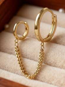 1 قطعة أقراط حلقية مربوطة بسلسلة شرابة فريدة بتصميم بسيط، مجوهرات مناسبة للنساء والفتيات، هدية عيد، للارتداء اليومي - الذهبي - مشاهدة 1