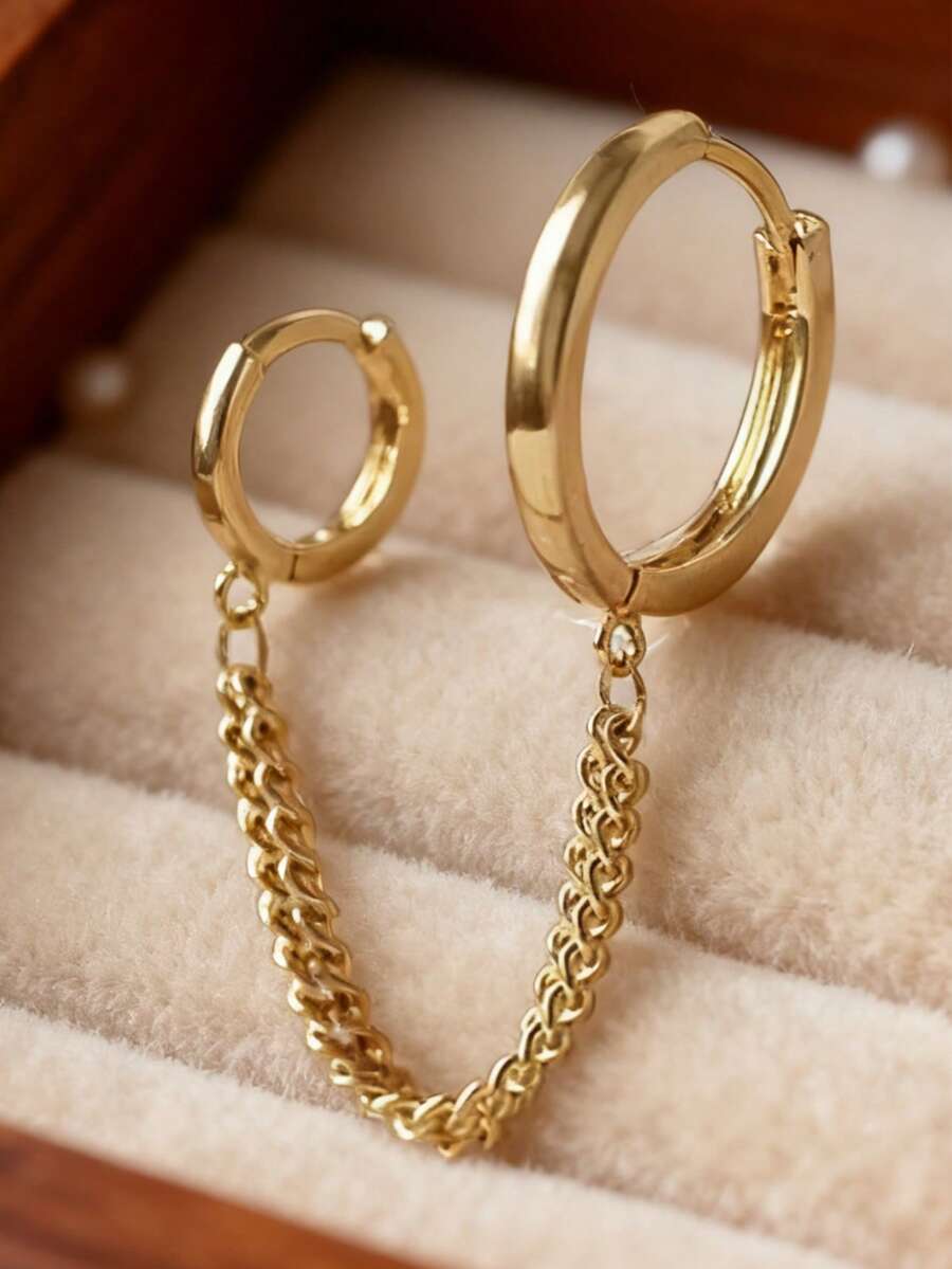 1 قطعة أقراط حلقية مربوطة بسلسلة شرابة فريدة بتصميم بسيط، مجوهرات مناسبة للنساء والفتيات، هدية عيد، للارتداء اليومي - الذهبي - مشاهدة 1