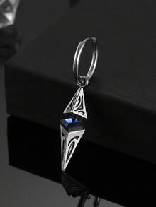 1pc Stainless Steel Rhombus Zirconia Oval Wishing Stone Pendant, Vintage Style Earring For Men - Multicolor - View 3