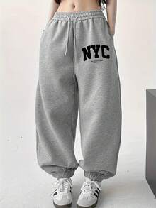 女士休闲宽松版型 NYC 字母印花灰色慢跑裤，秋冬裤装 - 灰色 - 查看 3