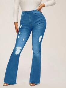 Women's Vintage-Inspired High-Stretch Skinny Jeans - Ripped Detail, Halloween Costumes,Raw Hem, Mid-Rise, Distressed Blue Denim With Slash Pockets, Comfort Fit For All Seasons - Rửa trung bình - Xem 4