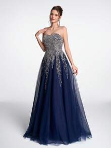 Elisanya Anymoon Women's Luxurious And Elegant Beaded Decor Strapless Evening Dress, Suitable For Hosting Galas, Red Carpet, Graduation Prom, Bridal Toast, Gala Dinner, Engagement Party - Navy Blue - View 4