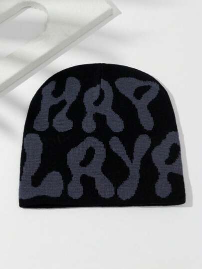 1顶女士提花Y2K撞色字母针织帽，适合秋冬季保暖穿搭和户外穿着