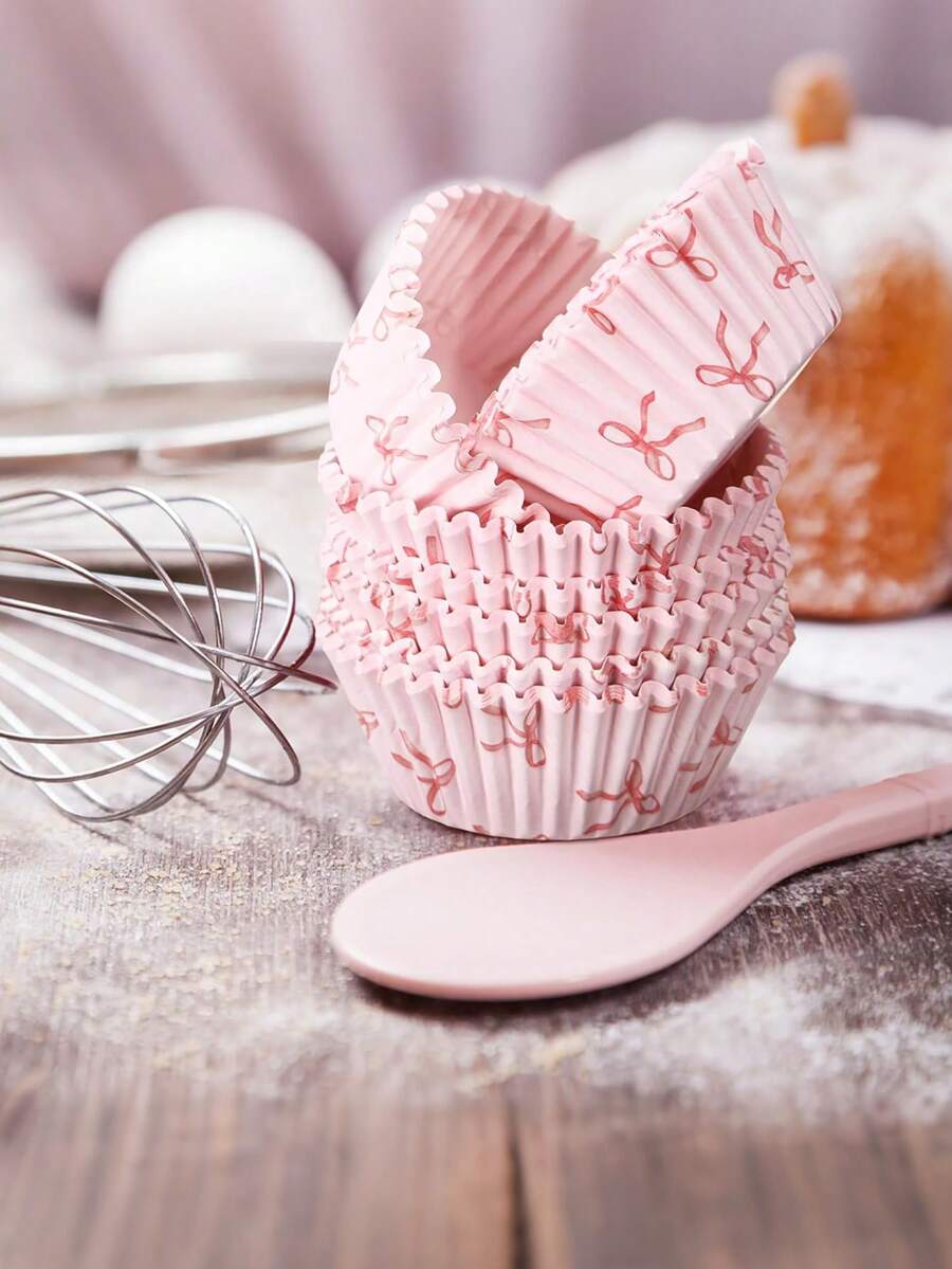 100pcs Pink Bow Cupcake Liners - Decorative Bow Baking Cups, Suitable For Bridal Shower, Baby Shower, Wedding Birthday Party Supplies, Cake Decorations For Special Occasions - Multicolor - View 1