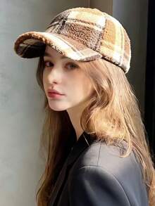 1 szt. Jesienno-zimowa pluszowa czapka baseballowa w kratę, ciepła czapka z daszkiem w stylu retro brytyjskim, uniwersalny modny kapelusz odpowiedni dla kobiet do codziennego noszenia, na sesje zdjęciowe, na zakupy, na prezent