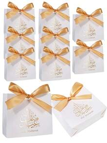 10 CÁI/1 CÁI/Túi quà Eid Mubarak, Túi quà Ramadan có ruy băng Túi đựng quà Eid Mubarak Túi quà Eid cho Ramadan Kareem Đồ dùng cho tiệc Eid Mubarak - Trắng - Kiểu A + Ruy băng vàng - Xem 12