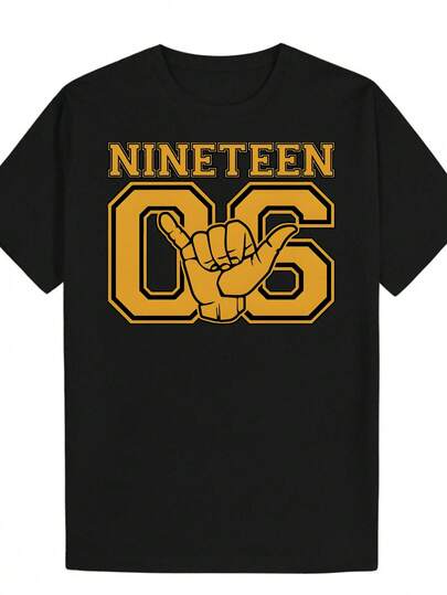 Camiseta gráfica casual para hombres "NINETEEN 06" - Negra con impresión de letras amarillas, cuello redondo, manga corta, ropa de calle de verano, tela transpirable, ajuste regular, camiseta de uso diario |   Camisa de Impresión Negrita |   Ajuste cómodo