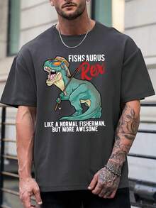 Men's Summer Fashion Simple Dinosaur Element Print Short Sleeve T-Shirt | Basic Style Street Casual Top - Dark Grey - View 4