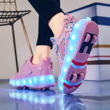 LED 4-Wheel Roller Skate Shoes, Removable Front Wheels, Retractable Rear Wheels, Hook & Loop Closure, Fashionable Printed Uppers, Suitable For Boys & Girls