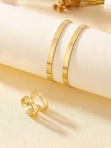 Set Of 2 Adjustable Rings And Bracelets, 2 Strands, Minimalist Luxury, 18k Gold And 925 Silver Plated - 金色 - 查看 4