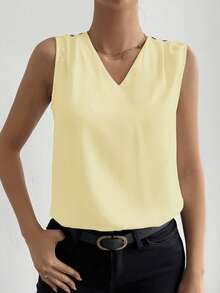 ELVA 女款純色無袖上衣，時尚浪漫優雅休閒日常辦公商務穿搭，適合女士夏季，簡約時尚鈕扣飾品，適用於度假、沙灘外罩、辦公服裝、鄉村音樂節 - 淺黃色 - 查看 2