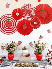 13pcs/Set Glitter Strawberry Pattern 1st Birthday Decorative Hand Fans, For 1st Birthday Wall Decor - Red - View 1