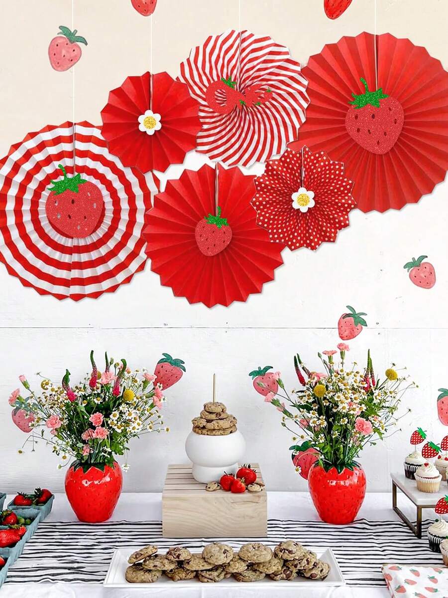 13pcs/Set Glitter Strawberry Pattern 1st Birthday Decorative Hand Fans, For 1st Birthday Wall Decor - Red - View 1