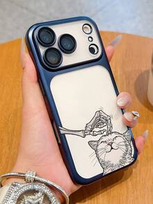 Cartoon Skeleton Hand Petting Cat Print PC Phone Case For IPhone 12 13 14 15 16 17 - Transparent Back Protective Cover With Orange Frame, Cute Gothic Y2K Style For Women Girls, Daily Use & Gi - 藍色 - 查看 1