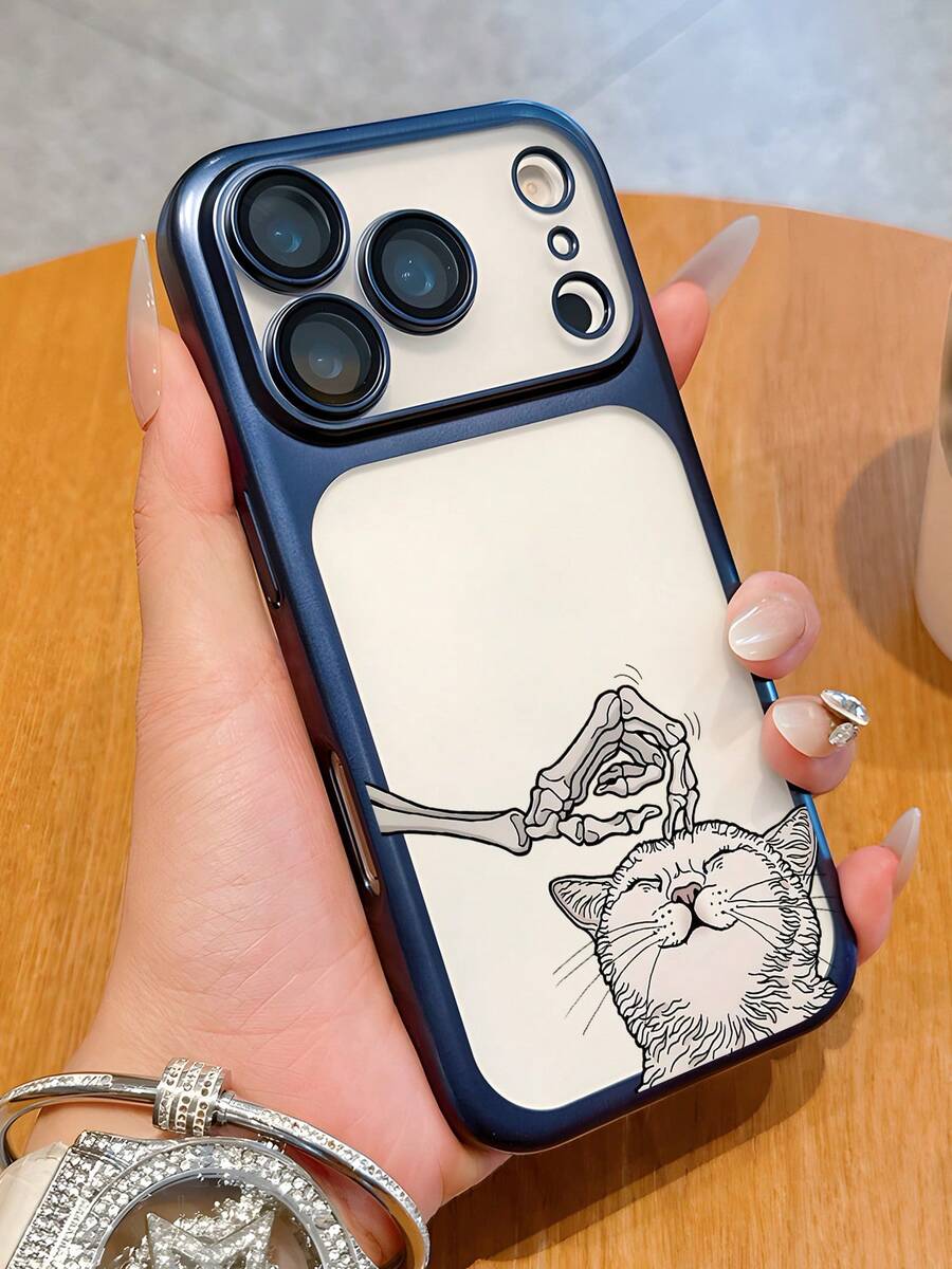 Cartoon Skeleton Hand Petting Cat Print PC Phone Case For IPhone 12 13 14 15 16 17 - Transparent Back Protective Cover With Orange Frame, Cute Gothic Y2K Style For Women Girls, Daily Use & Gi - 藍色 - 查看 1