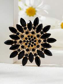 1 chiếc ghim cài áo hình hoa hướng dương pha lê đen thanh lịch - Ghim cài hoa vàng sáng bóng, phụ kiện thời trang nữ, phù hợp với áo khoác và váy. - Xem 3