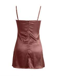 街头时尚女士纯色吊带紧身迷你连衣裙 - 棕色 - 查看 3