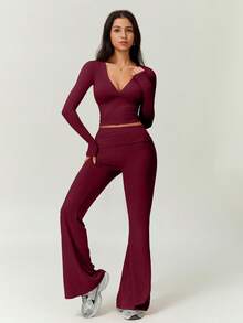 NcmRyu 1 Set Women Seamless Comfortable Fitness Exercise Running Outdoor Christmas Long Sleeve Top And Pants Sports Suit - Burgundy - View 9