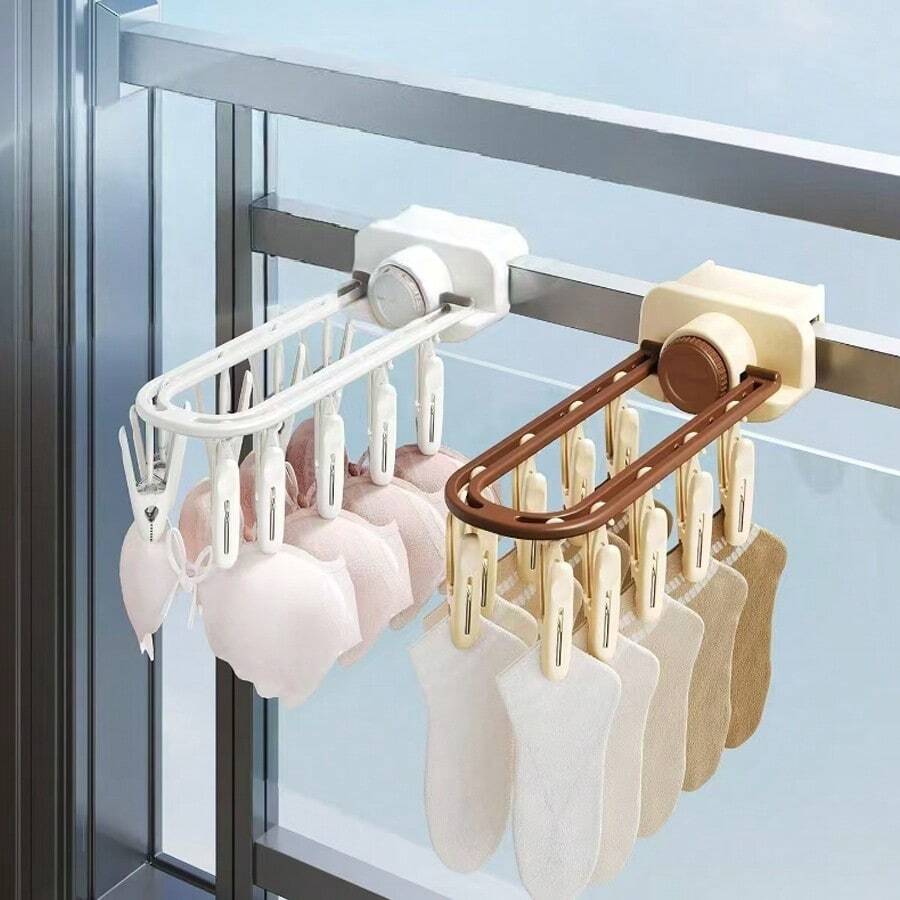 1pc Balcony Windproof Drying Rack, Foldable Clothesline Rack For Home Use, No Drilling Required - Efficient Drying Rack, Ideal For Bedroom, Bathroom And Dorm Decoration, Holiday Decor / Multi-Clip Clothesline Rack, Drying Rack, Multi-Function Plastic Clothes Clips - Multicolor - View 1