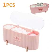 1 Cotton Swab Storage Box, Beauty Storage Box, Three-Compartment Independent Cotton Swab Ball Dispenser, Storage Box, Cotton Pad Storage Container, Bathroom Organizer - Pink - Bow Decoration - Hồng - Xem 3