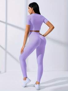 Workout Sets Outfits For Women – Yoga Leggings With Short Sleeve Crop Top, Slim Fit Tummy Control Butt Lifting Waist Shaping, Seamless Ribbed Texture, Breathable Soft Fabric, Non-Pilling, Perfect For Fall Winter Gym Yoga Running Fitness - 淺紫色 - 查看 3