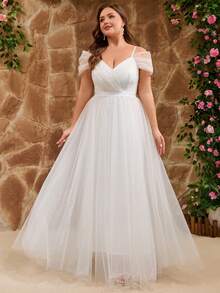 Đầm cưới thanh lịch màu trơn, chất liệu lưới đan chéo, thích hợp cho đám cưới, tiệc tùng, lễ tốt nghiệp, dạ hội, tiệc tối trang trọng, màu trắng mùa xuân/hè/thu. - trắng - Xem 4