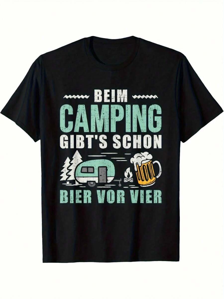 男性用レトロキャンプ&ビールグラフィックTシャツ - ボヘミアンブラックにティールプリントのヴィンテージキャンピングカー、松の木&キャンプファイヤーのデザイン - ドイツビールの引用文「キャンプをするほうがビールを飲むよりも良い」 - 通常フィットのクルーネックカジュアルアウトドアTシャツ、オールシーズン対応 - キャンプ愛好家への理想的なギフト、週末の服装、旅行用衣類、耐久性のある生地、通気性のある素材。 - ブラック - チェックする 1