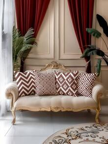 4pcs Bohemian Style Vintage Decorative Pillow Covers, Minimalist Chic Line Pattern Cushion Covers, Super Soft & Comfortable, Bestselling, Hidden Zipper, Machine Washable, Home Decor Throw Pillow Covers For Sofa, Living Room, Bedroom, No Pillow Insert - Maroon - View 3