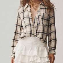 Women's Collared Plaid Shirt, Y2K Style, Long-Sleeved Puff Sleeve, Ruffled Button Plaid Shirt, Comfortable And Casual Shirt Suitable For Daily Commuting. - Màu be - Xem 5