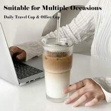 20oz Vertical Stripes Glass Coffee Cups With Lid & Straw Set Of 4 Premium Thickened Glass For Iced Coffees Cocktails Juices Family Use & Parties Leak Proof Tumblers Drinkware Stylish - 2Pack - View 7