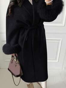 Women's New Elegant Tie-Up Faux Fur Sleeve Jacket, High-End Wool-Like Fabric, Belted Long Coat, Slimming, Kimono Style, Autumn/Winter - Black - View 2